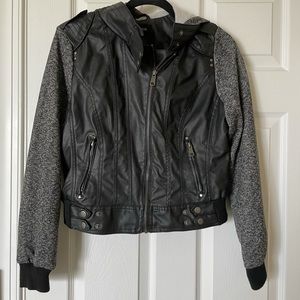 Cropped Black faux leather grey sweatshirt jacket